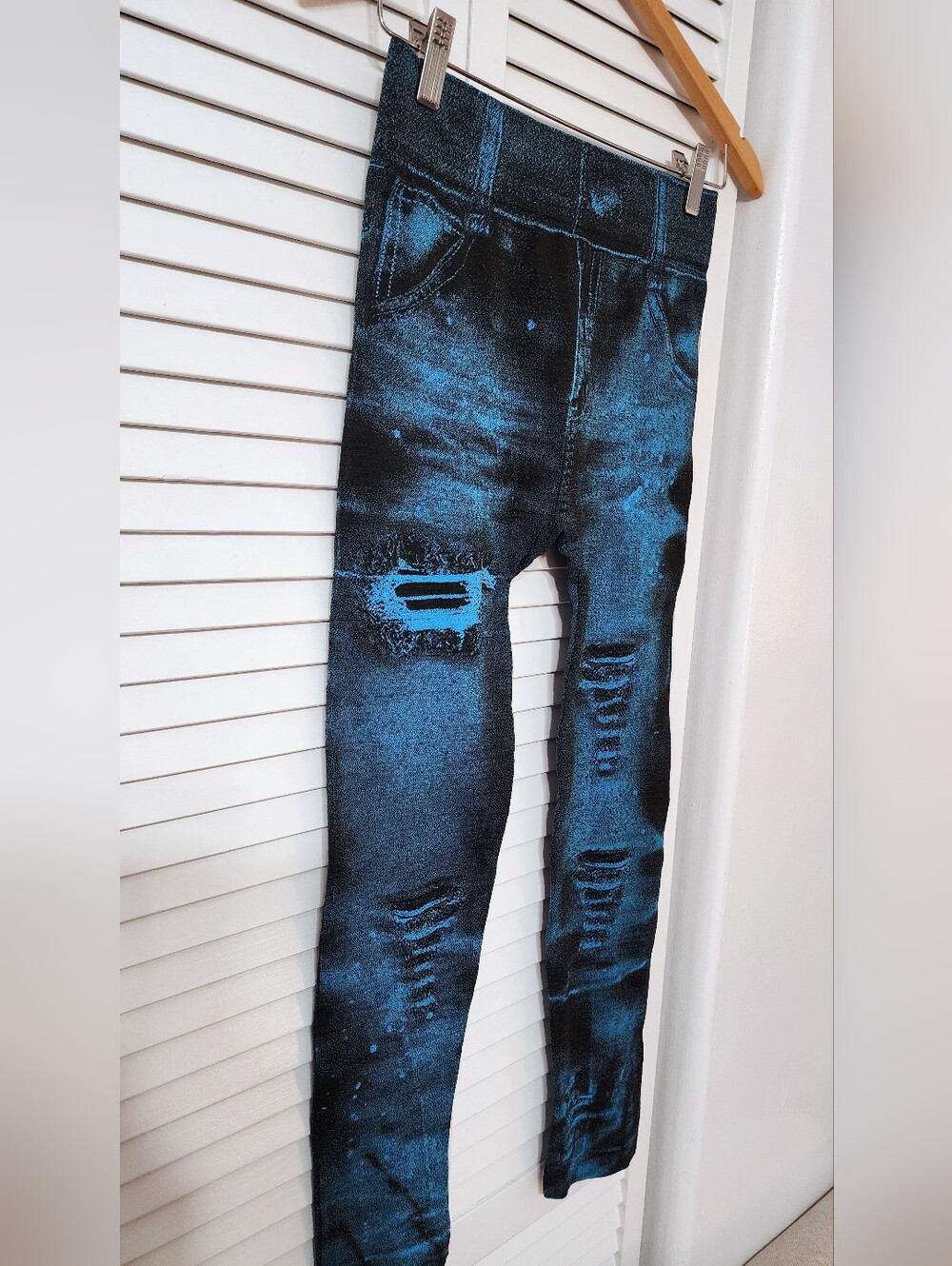 Blue Distressed Jeggings - Stretch Denim-Look Leggings, High Waisted